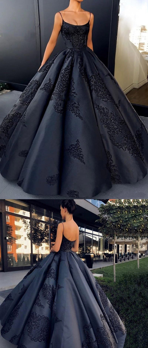 Black Tulle Lace Long Prom Dress, Black Spaghetti Straps Graduation Dr